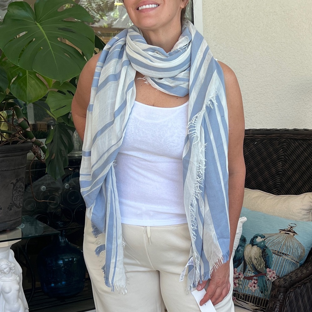 VINCE. Large PASHMINA SCARF  sheer stripe cotton modal cashmere WHITE BLUE